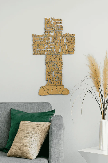 Quadro Decorativo Oração Pai Nosso Cruz Em Mdf 3mm - Marrom